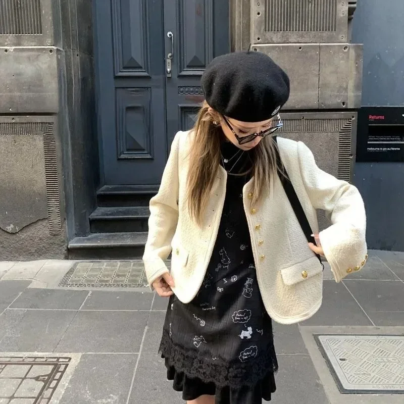 

Short Jackets Women Clothing O-neck Long Sleeve Temperament Outwear Korean Vintage Chaquetas Chic Black Crop Coat Ropa De Mujer