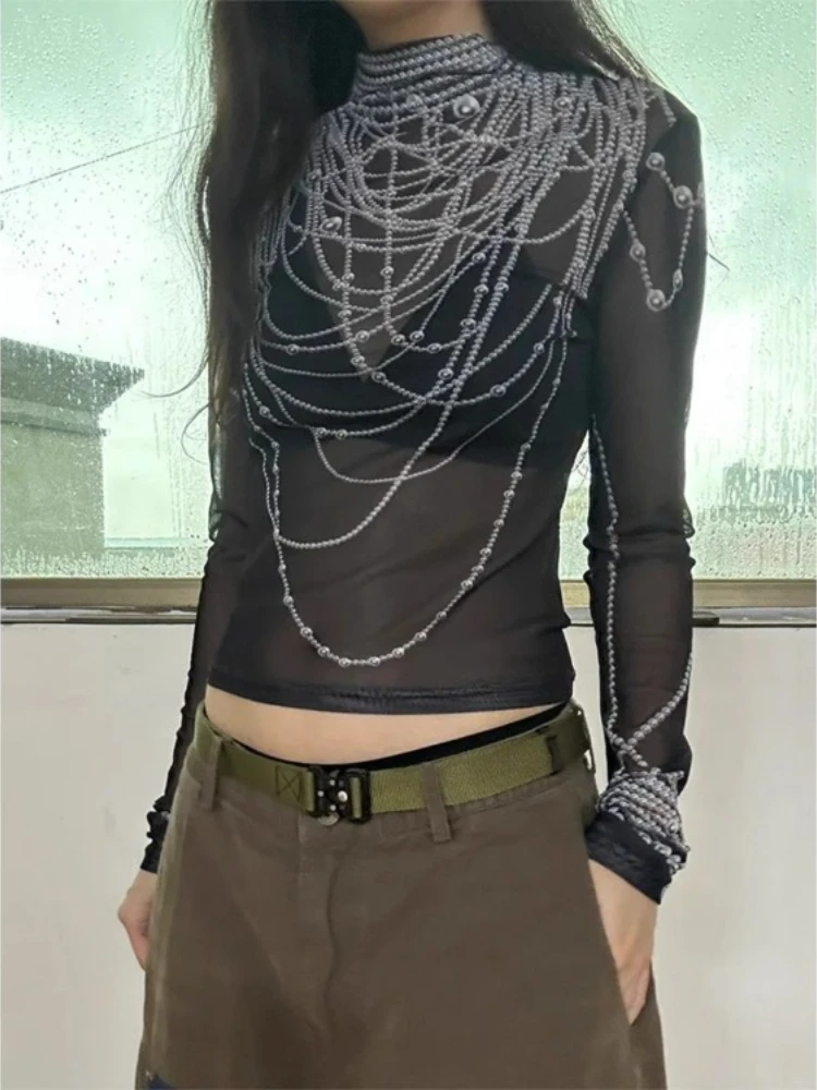 T-shirty z motywem perły z motywem osobowości w stylu Vintage i 2 tys. Estetycznych półgolf koszulek damskich przejrzeć koszulki z gazy