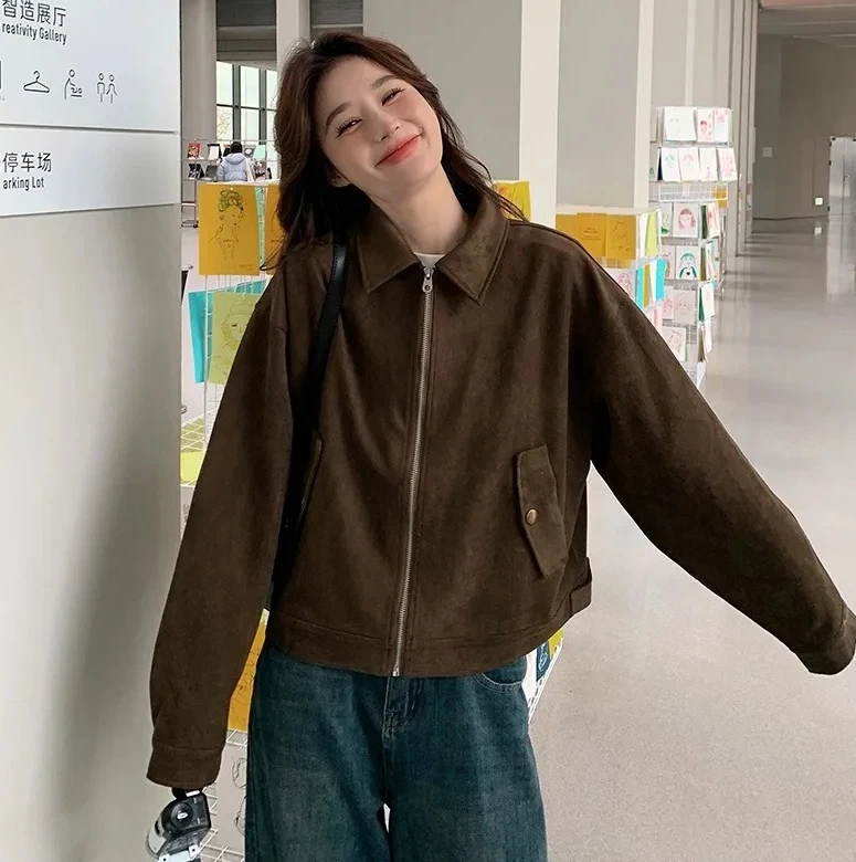 

Женская куртка-бомбер из искусственной кожи с накладными карманами спереди, пальто на молнии с длинными рукавами, свободная верхняя одежда