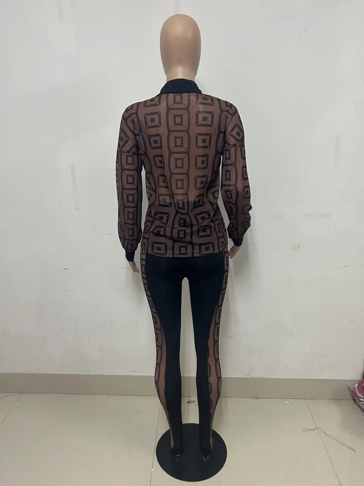 Sexy Mesh See Through Women 2 Piece Outfit Sets 2025 New Female Streetwear Clothing Long Sleeve Crop Top and Skiny Pants Suits