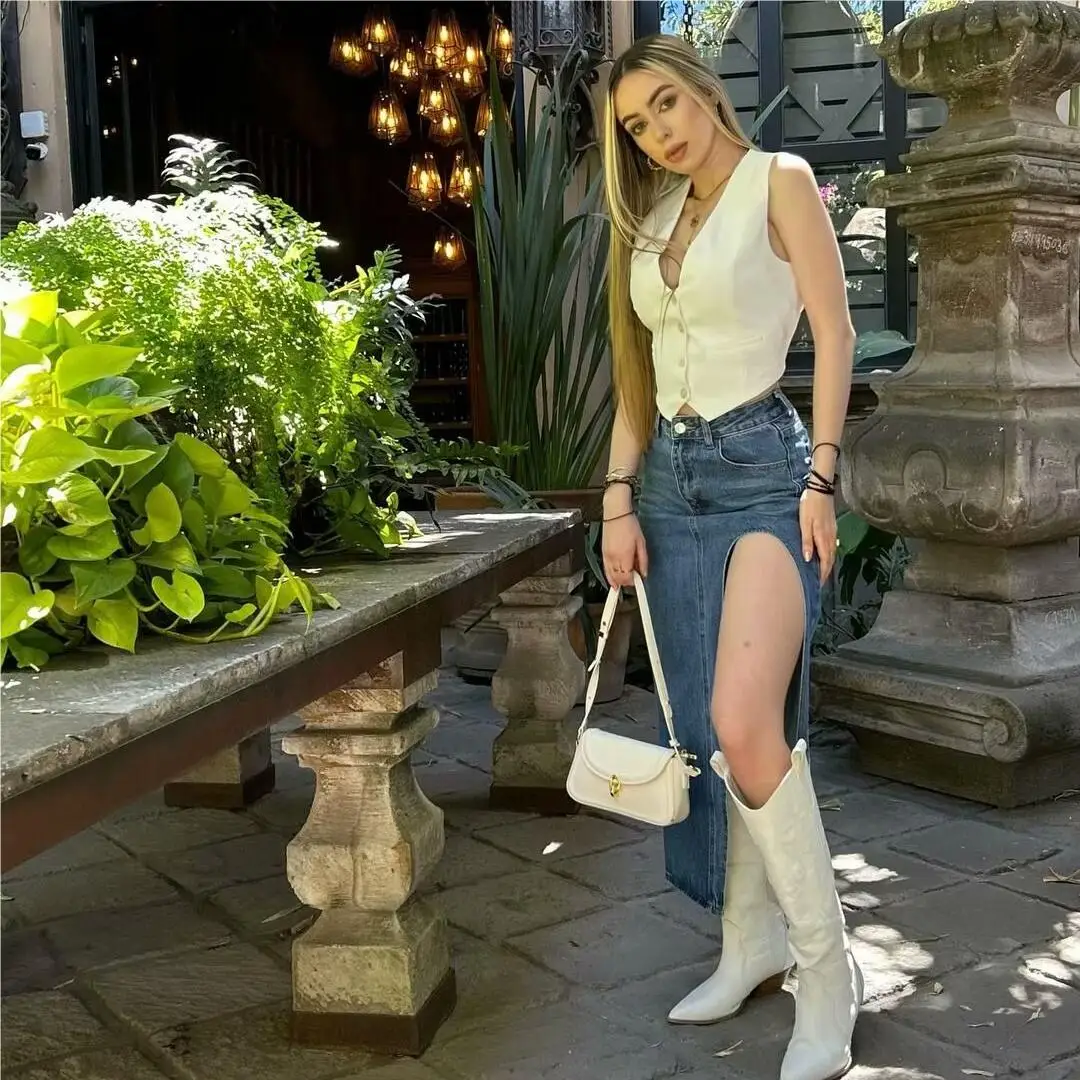 2024 Summer Midi Skirts Vintage Clothes Sexy Skirts For Women Blue Jeans Skirt High Waisted Denim Skirt Split Thigh Denim Skirt