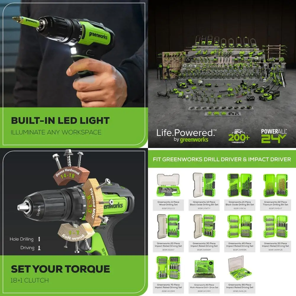 

24V Cordless Drill with 310 in./lbs Torque, 18+1 Clutch, 1/2 Chuck, Variable Speed, 2x2Ah Batteries, Charger, LED Light, 8 Drill