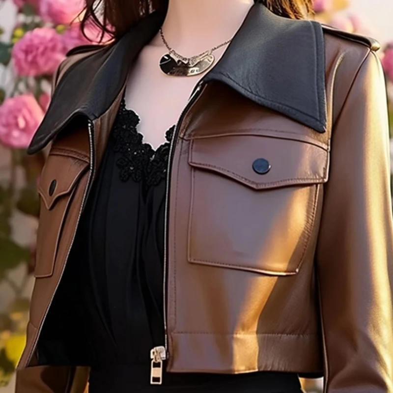 Mulheres jaqueta de couro curto marrom emenda preto turn-down colarinho design nova primavera outono casaco do plutônio estilo zíper manga longa topo