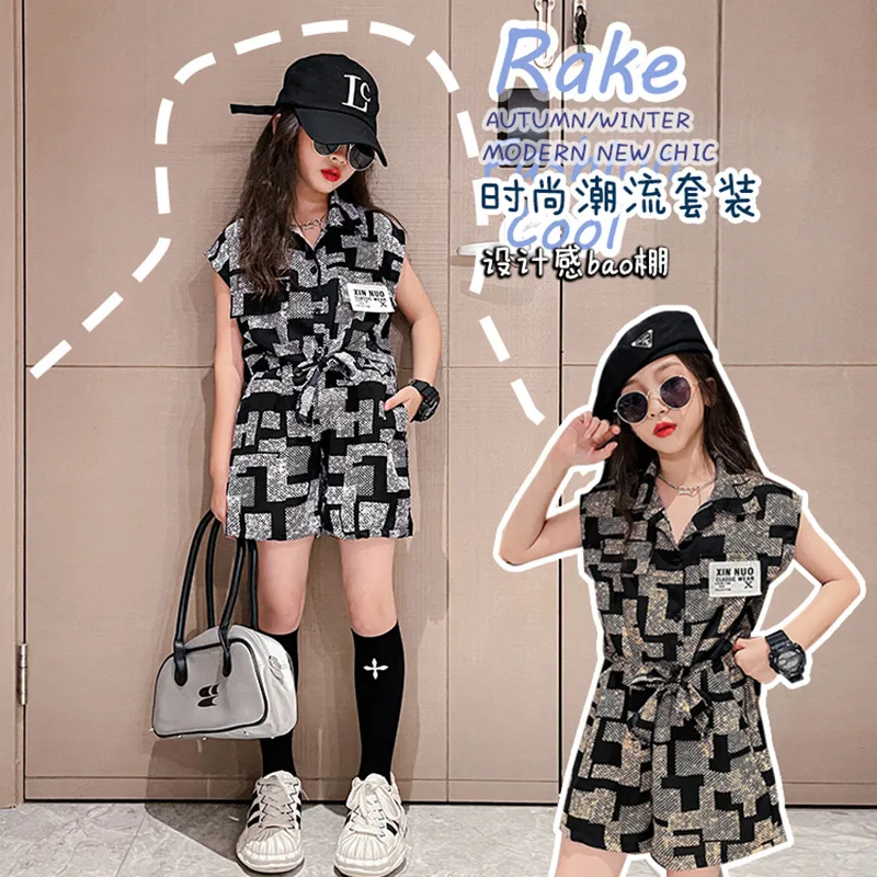 Girls' Summer Suit Fashion Maze Lattice Short Sleeve+Short Pant 2Pcs Set 3-12Y