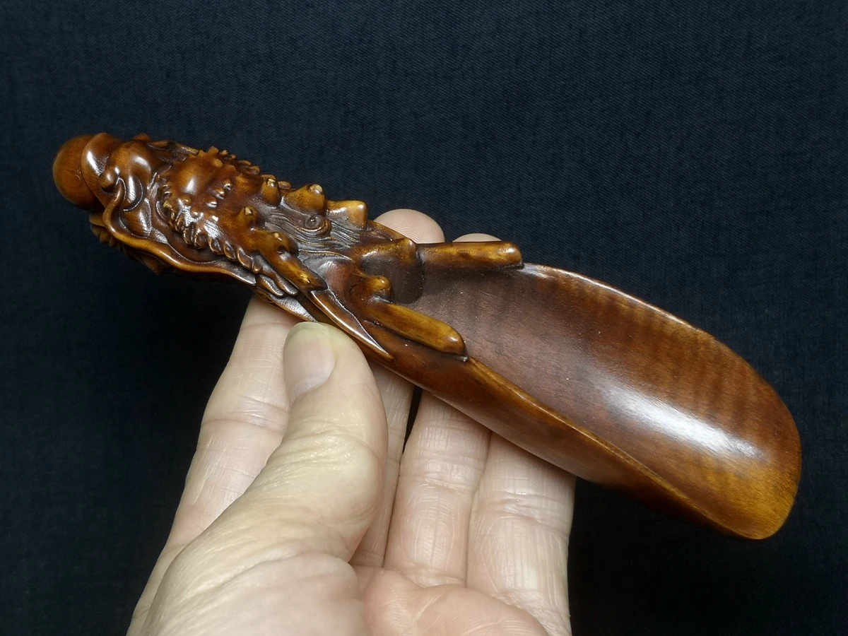 1919 Japanese boxwood Hand carved Dragon Statue Tea Spoon old Decoration gift collectable L 6.2 in