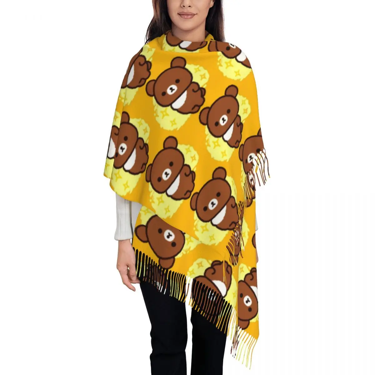 

Стильный стильный шарф с кисточками из мультфильма Rilakkuma на заказ, женские зимние теплые шаль, женские шарфы