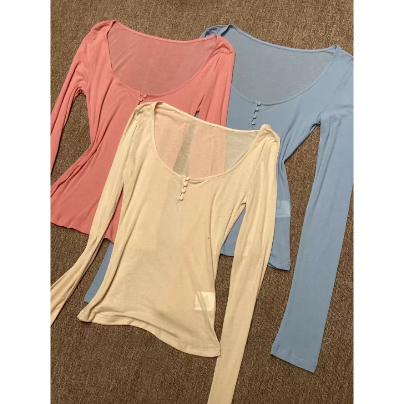 Korean Style Long Sleeve Thin U-Neck T-Shirt Women's Spicy Girl Early Autumn Atmosphere Sense Button Design Base Shirt