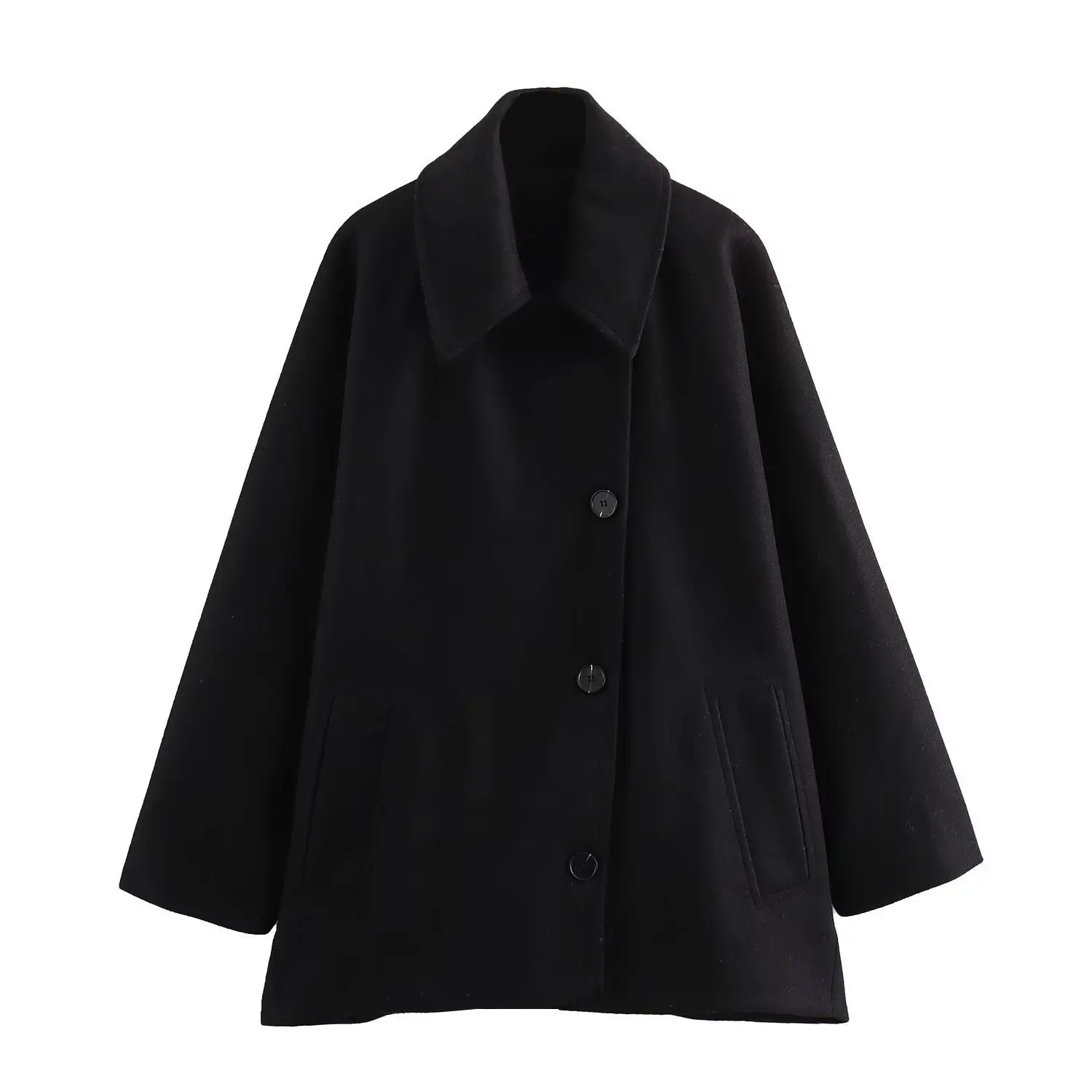 Schicker französischer Tweed-Mantel für Damen, mit Reverskragen, Fledermausärmeln, einreihiger Knopfleiste, Taschen, locker geschnitten, kurz, warm, eleganter Wintermantel. – Detail 15