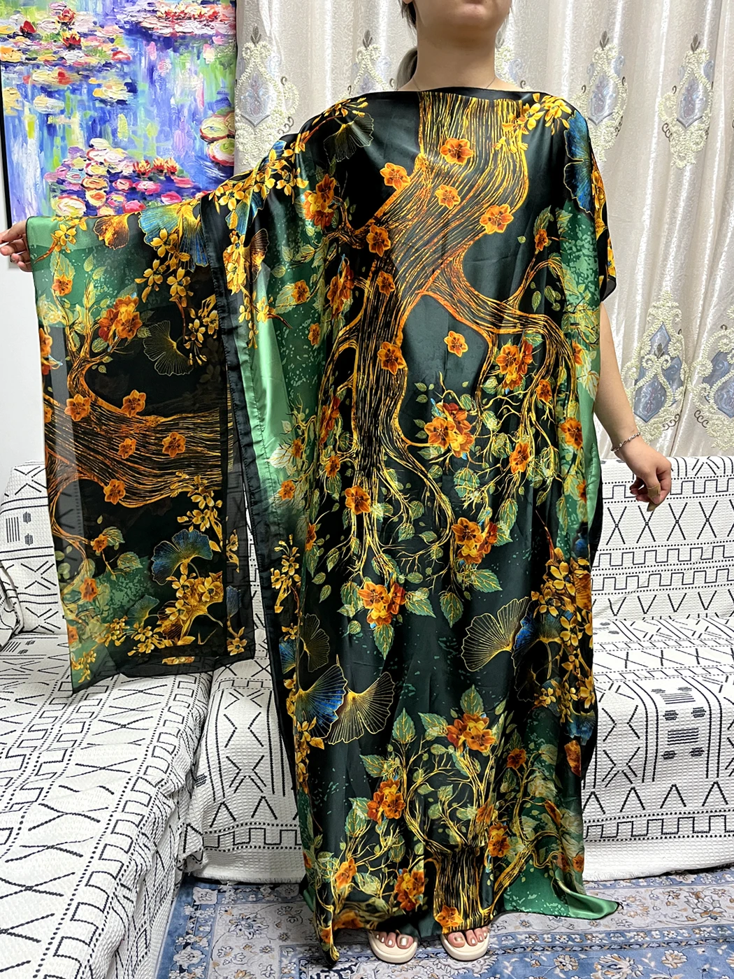 Muslim Silk Abayas For Women 2023 Summer Printed Leaf Pattern Loose Femme Robe African Nigeria Evening Patry Dresses With Turban