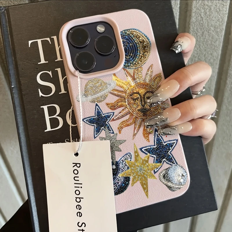 

Flat Beaded Texture Sun Planet Pattern Phone Case for iPhone 17 11 13 14 12 15 16 Pro Max XS X XR 7 8 Plus SE2 Shockproof Cover