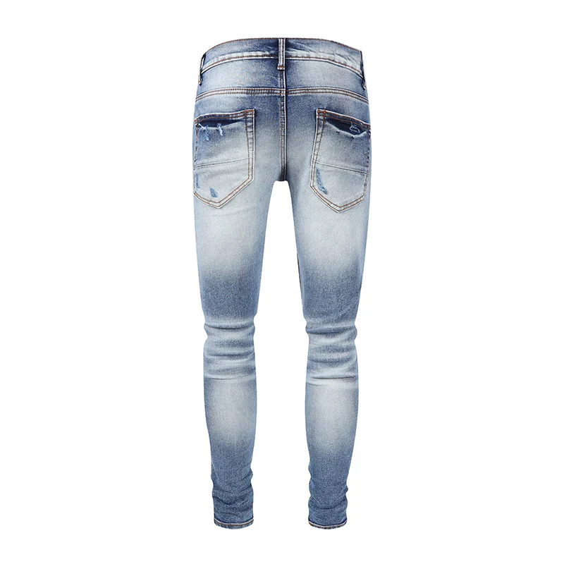 Alta rua moda masculina jeans retro azul estiramento magro ajuste rasgado jeans marca designer remendado hip hop denim calças hombre