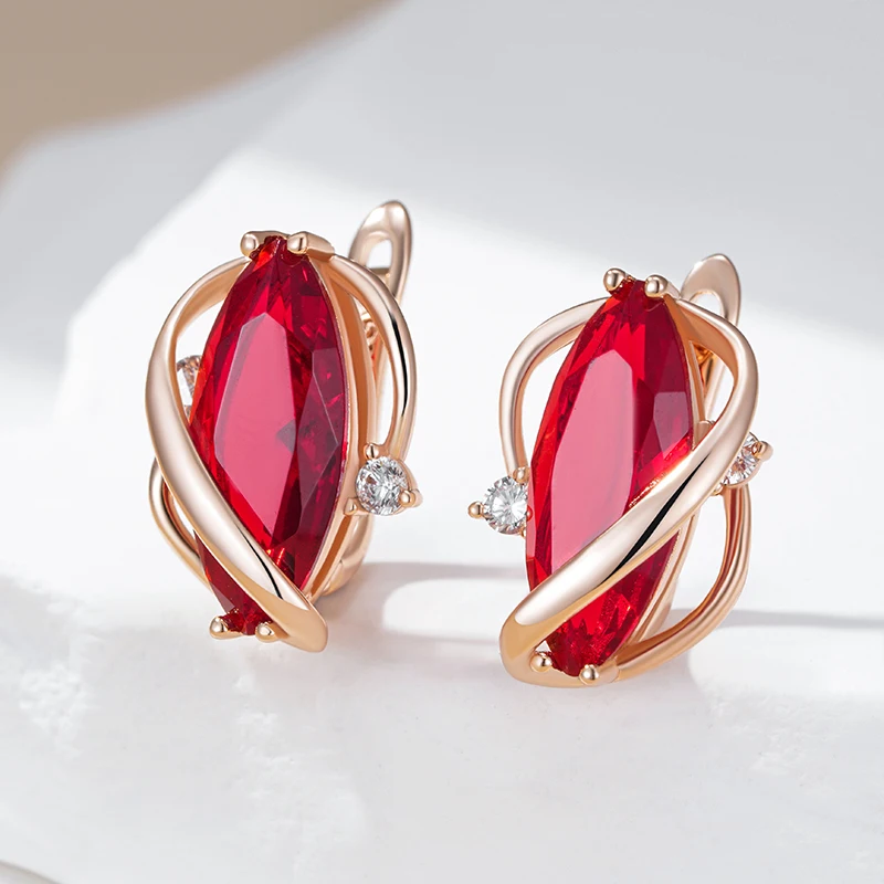 Kinel Hot Shiny Red Natural Zircon Drop Earrings for Women Fashion 585 Rose Gold Color High Quality Daily Fine Vintage Jewelry