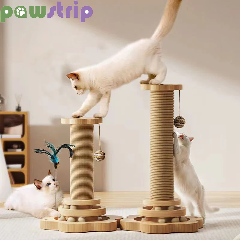 

Pet Cat Toy Solid Wood Cat Turntable Durable Sisal Scratching Board Funny Cats Grab Column with Cat Teasing Balls Cat Supplies