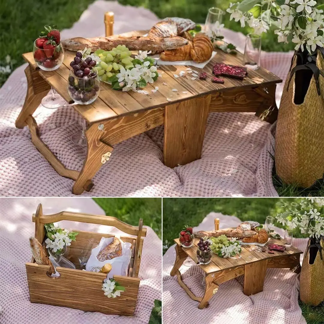 

Outdoor camping equipment, portable and foldable wooden cup table, wine rack, multifunctional storage, wooden basket, wild dinin