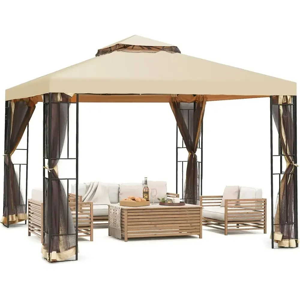10x10 Outdoor Metal Gazebo with Netting, Heavy Duty Steel, Patio Shade for Garden and Backyard