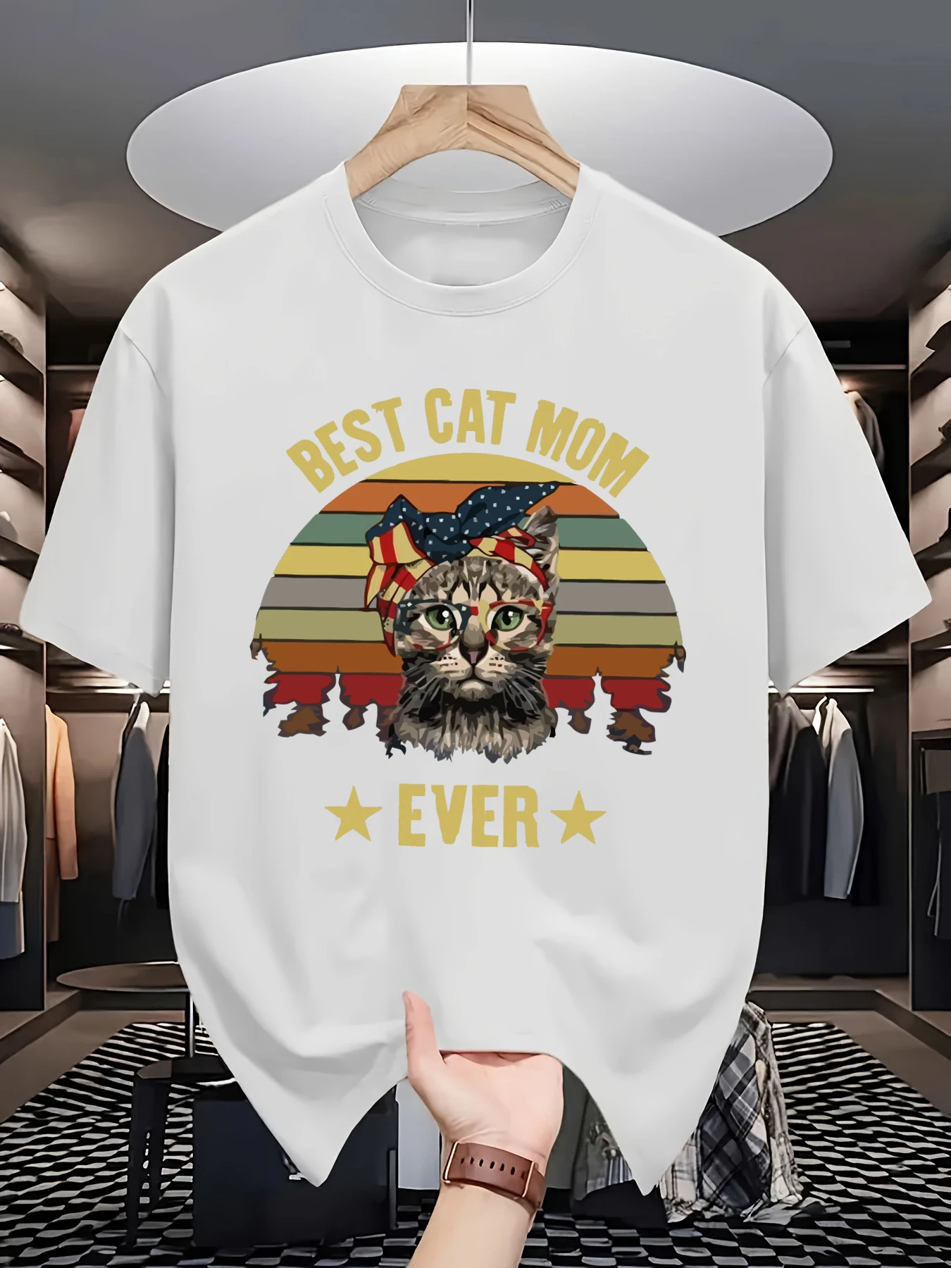 Best Cat Mom Ever Pattern Men Summer All-Match Comfy Tee Shirts O-Neck Fashion Short Sleeve Cotton Loose Unisex T-Shirts