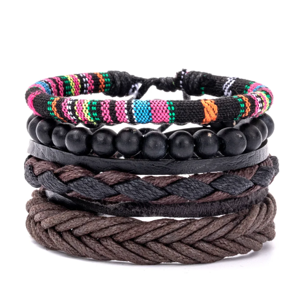 4Pcs/ Set Braided Wrap Leather Bracelet for Men Vintage Life Tree Rudder Charm Wood Bead Ethnic Tribal Wristband Rope Bracelet image 3