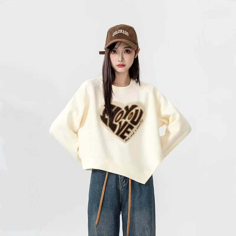 Women Autumn Winter Fashion Simplicity Printing Solid Color O-neck Tops Women Clothing All-match Appear Thin Loose Sweatshirts