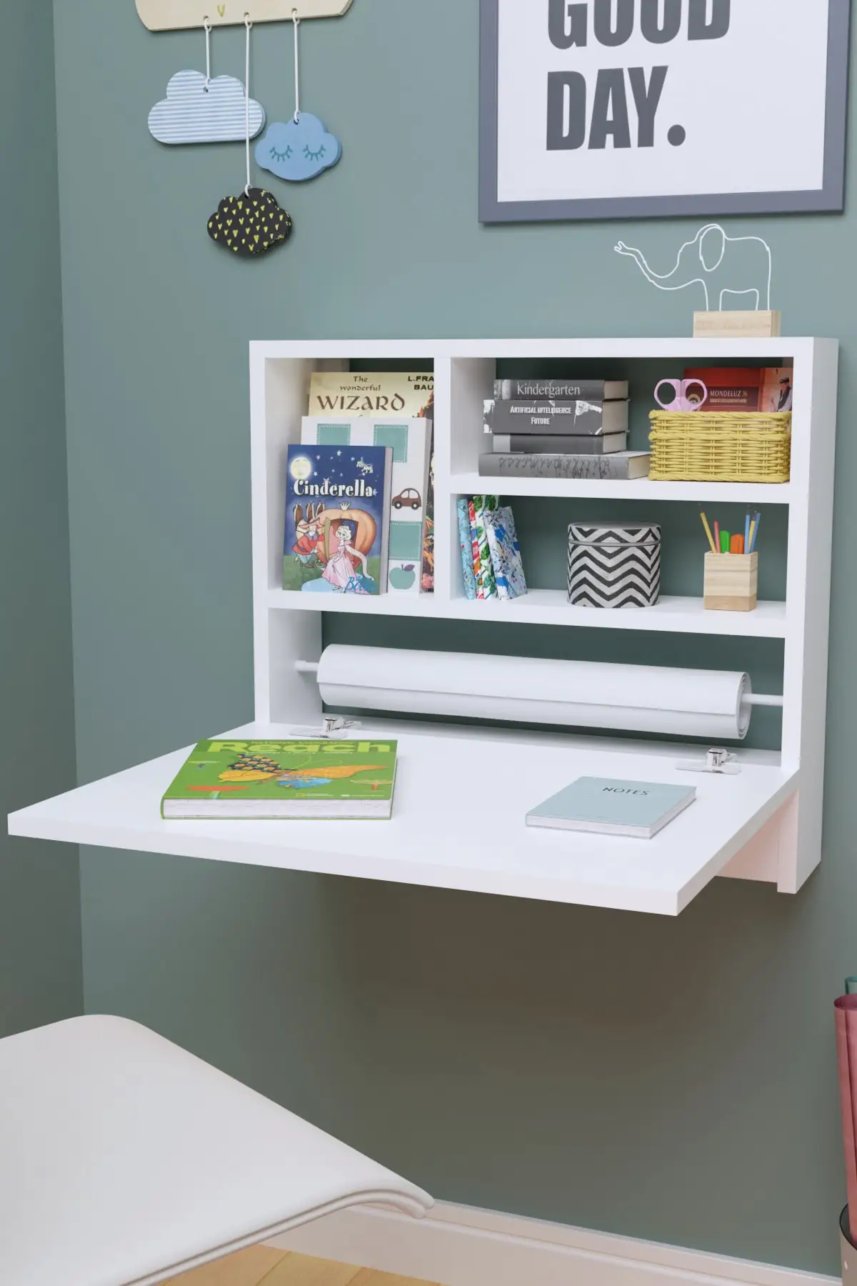 New model modern design desk bookcase White Wall Mounted Montessori Educational Child Bookshelf