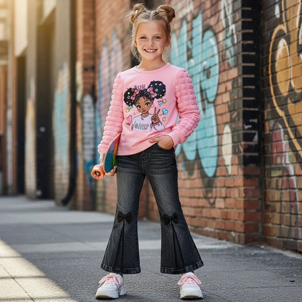

2Pcs Set Girls Street-Style – Round-Neck Bubble-Sleeve Top + Denim-Look Flared Pants, Spring Autumn Kids Fashion Outfit, 4-8 Y