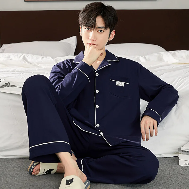 Korean Fashion Cotton Home Clothes for Men Autumn Cardigan Long Pajamas Set 2023 New Nightwear 2 Pieces Pijamas pyjama homme