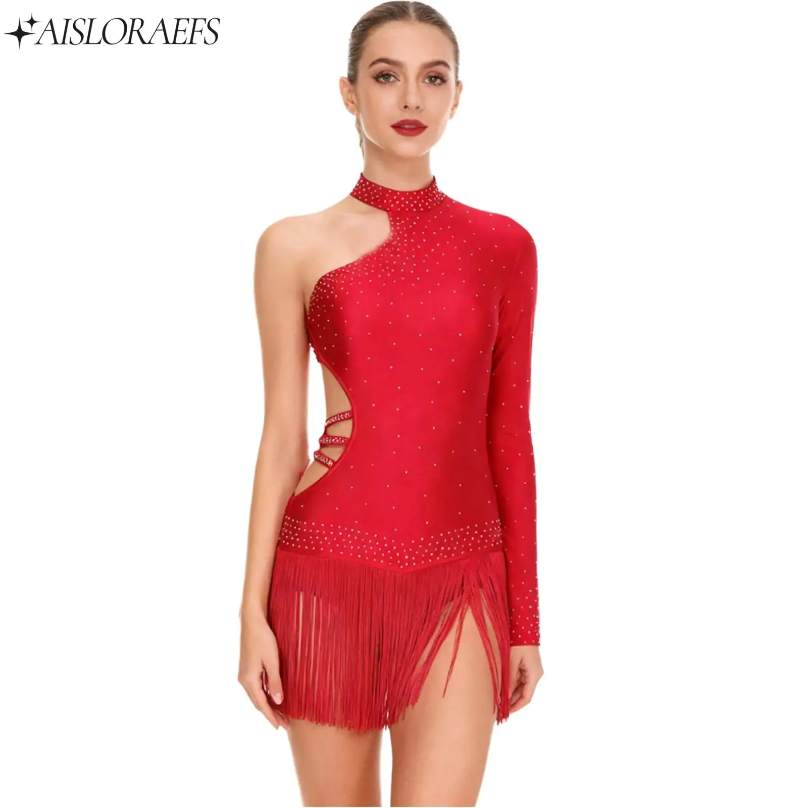 

Women Latin Dance Costume Single Long Sleeve Waist Openable Crotch Leotard Bodysuit for Adult Tango Cha-cha Samba Dance Wear