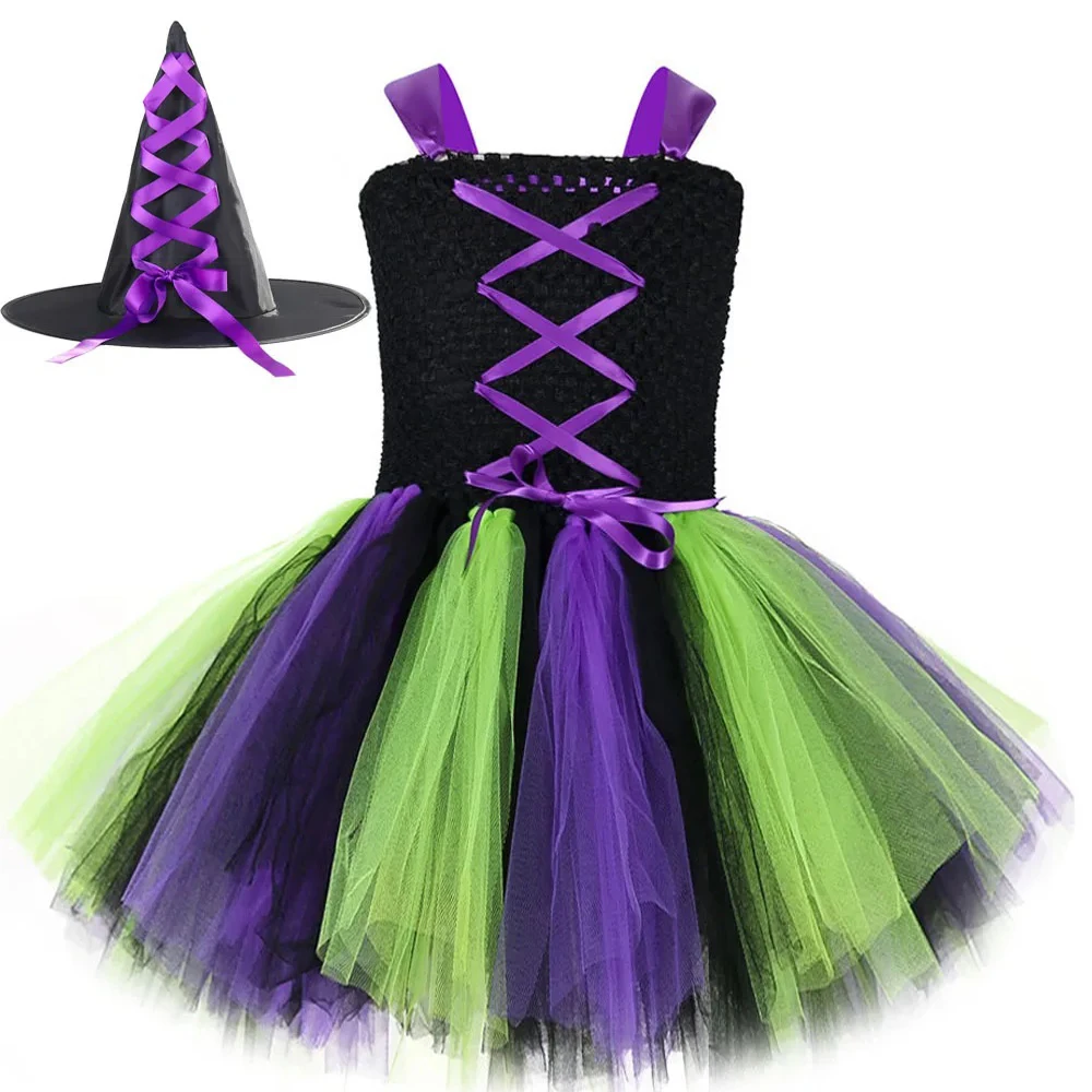 Baby Girls Witch Halloween Costumes for Kids Carnival Party Fancy Dresses with Magic Hat Broom Children Evil Witches Tutu Outfit