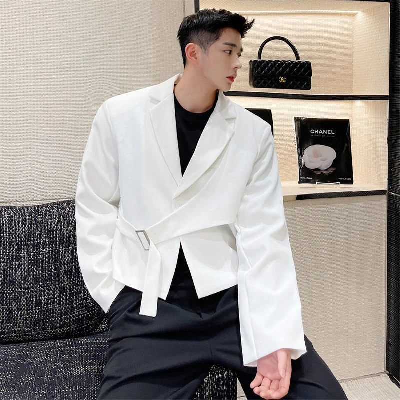 Korean Menswear Style Fashion Lock Short Blazers Men's New Notched Single Button Long Sleeve Suit Jacket Male Spring 2022