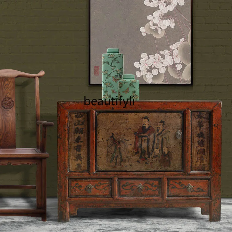 New Chinese Retro Hand-Painted Cabinet Solid Wood Small Apartment Storage Storage Sideboard Cabinet Integrated Wall