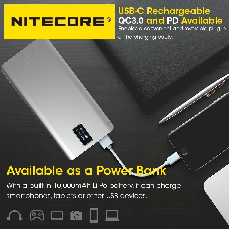 المهنية NITECORE SCL10 2 في 1 كاميرا خفيفة قوة البنك الشعلة مع 2500K-6300K ملء الضوء لمدونات الفيديو 10000mAh قوة البنك