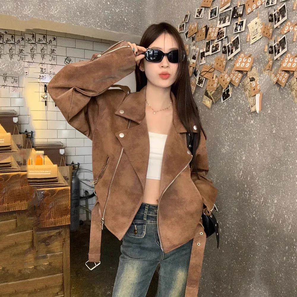 Korean Fashion Retro Suede Jacket For Women Polo Collar Design Sense Streetwear Coat Female Short Versatile Motorcycle Outerwear