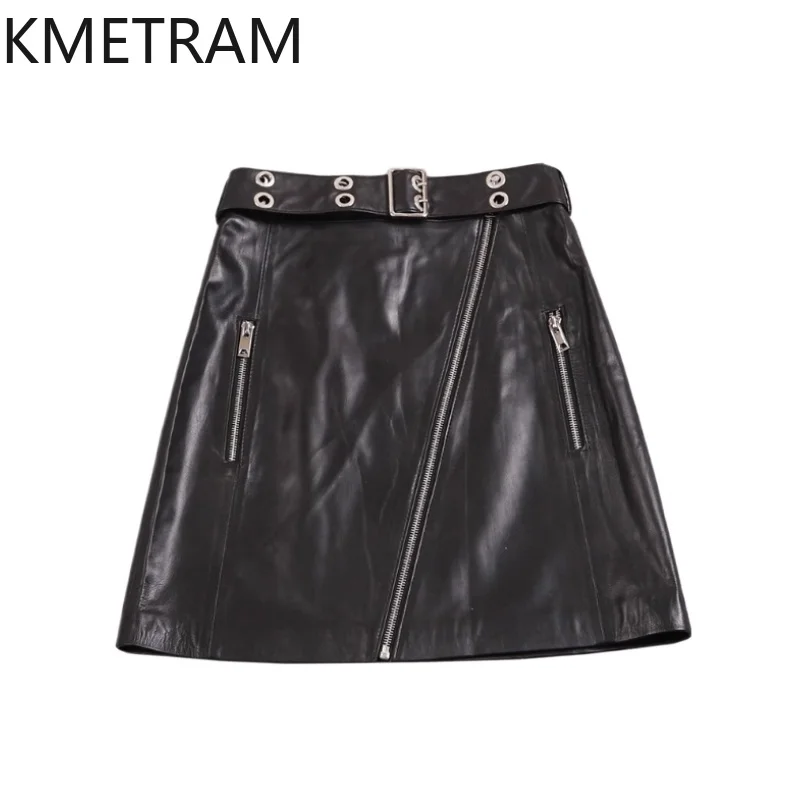 

KMETRAM 100% верхний слой из овчины, женские юбки 2021, черная юбка из натуральной кожи с высокой талией, осенняя женская одежда юбка шорты
