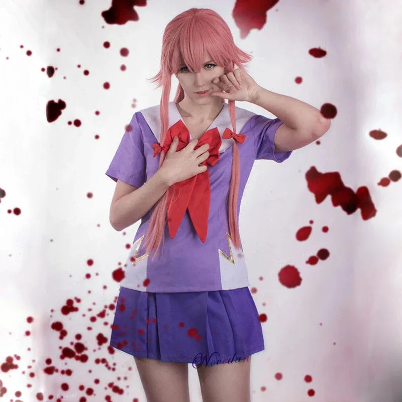 CyJapanese Anime Future Diary Gasai Yuno Mirai Nikki School Uniform Sailor Dress Cosplay Costume Suit Wig view 3