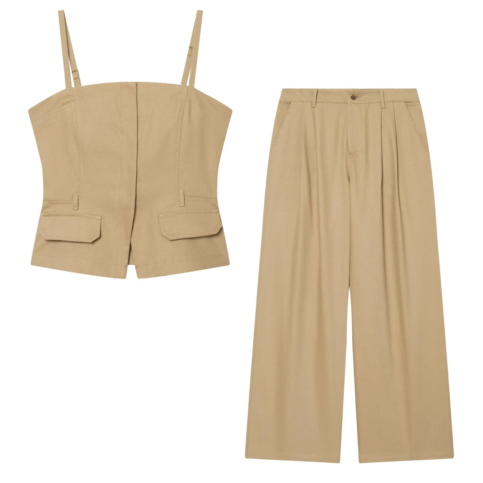 Fashionable Denim Halter Top And Wide Leg Pants Set Women's Cross-Border Clothing Short Top Organic Cotton Casual Outfit