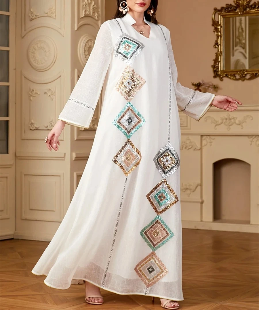 

Siskakia Ramadan Dubai Sequins Patchwork Maxi Abaya Moroccan Muslim Elegant Women Evening Dress