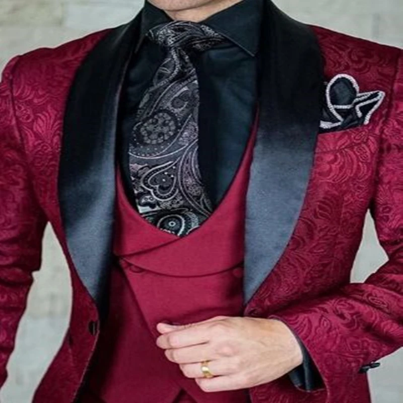 Fashion Jacquard Men Suits Shawl Lapel Business Wedding Tuxedos Slim Fit Blazer Vest Pants for Prom Party 3 Pieces Costume Homme