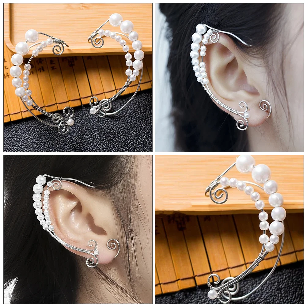 

1 Pair Clip On Ear Cuffs Pearl Ear Hook Earrings Lightweight Elf Shape Women Vintage Jewelry Cosplay Costume Accessory