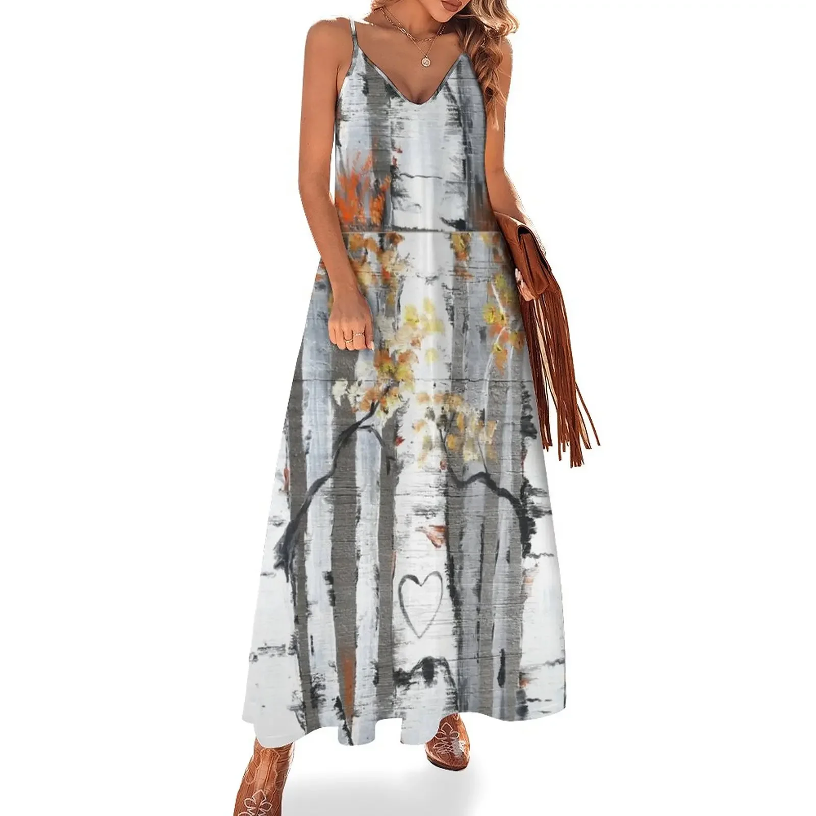 Aspen Grove, The Birches Pattern, Birch Bark, White Birch Sleeveless Dress dress women summer Long dress woman