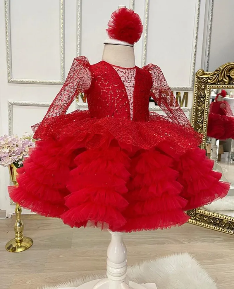 

Luxury Handmade Baby Girl Dresses Sequined Baby Girl Dress Puffy Long Sleeves Dresses Tutu Kids Birthday Party Gown 12M 18M 24M