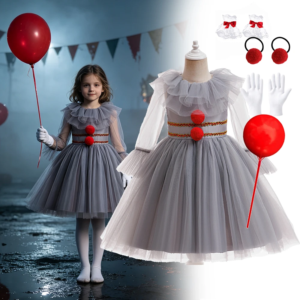 Girls Gray Clown Tutu Dress Costume Kids Mesh Tulle Gown With White Gloves For Halloween Carnival Cosplay Theme Party