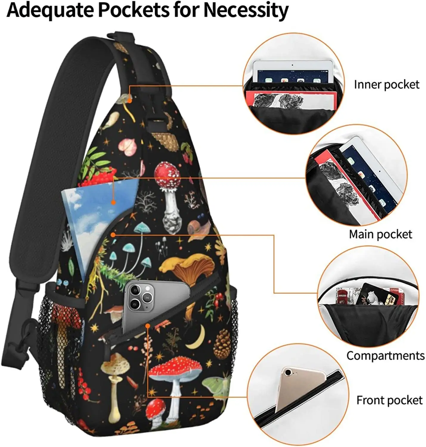 Mushroom Sling Backpack,Mushroom Gifts Crossbody Bag For Women Men Sling Bag Travel Hiking Shoulder Chest Bag Daypack Unisex