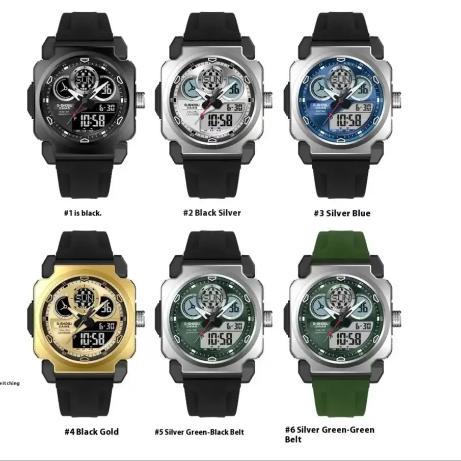 Men's Sport Electronic Digital Watch LED Dual Display World Time Full Function Alloy Square Dial Oak Series