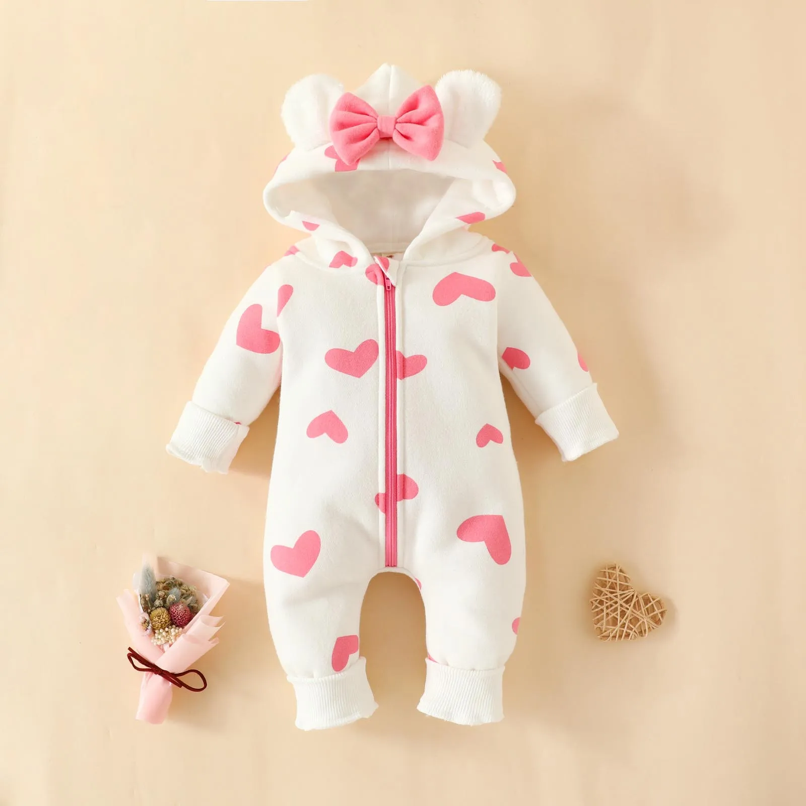 Baby Clothes Romper Jumpsuit For Newborns Costume Spring Long Sleeve Heart Print Zipper Cute Ears Hooded Thicken Infant Overalls