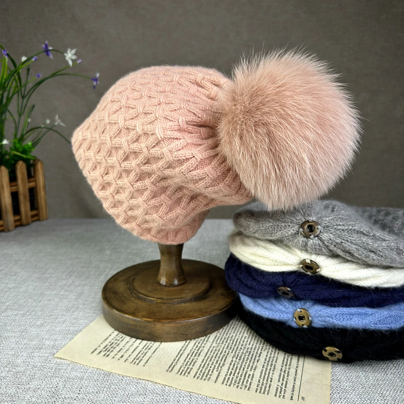 Rabbit velvet double-layer mesh warm woolen hat for women\'s autumn and winter versatile fox fur ball knitted ear protection hat