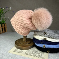 Rabbit velvet double-layer mesh warm woolen hat for women's autumn and winter versatile fox fur ball knitted ear protection hat