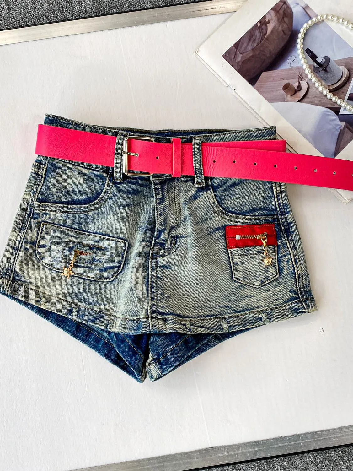 

Slimming High Waist Wide Leg Jeans ort Skirt Pants Light Blue Zipper ket Design Casual Wear for ort Women