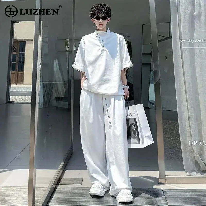 

LUZHEN 2026 Summer Stand Neck Buttoned Decorate Short Sleeve T-shirts Men's Loose Straight Casual Pants Two-piece Sets JY6892