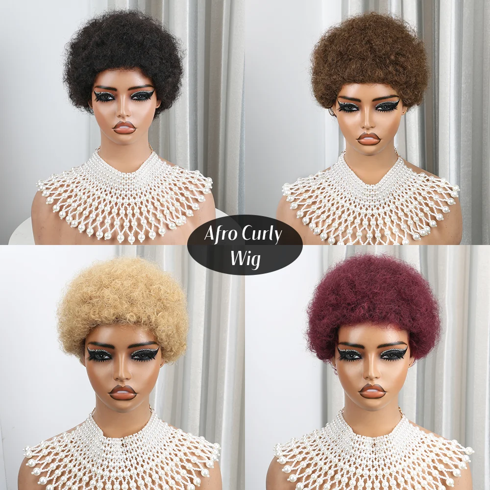 99J Burgundy Short Afro Kinky Curly Wigs for Black Women Deep Curly Pixie Cut Wig Human Hair Remy Human Hair Wear and Go Wigs