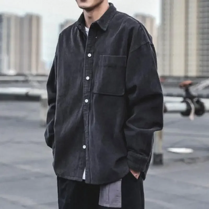LIBIELIY Black/coffee/gray Corduroy Shirt Men's Fashion Retro Pocket Casual Shirt Men Autumn Korean Loose Long-Sleeved Shirts Me