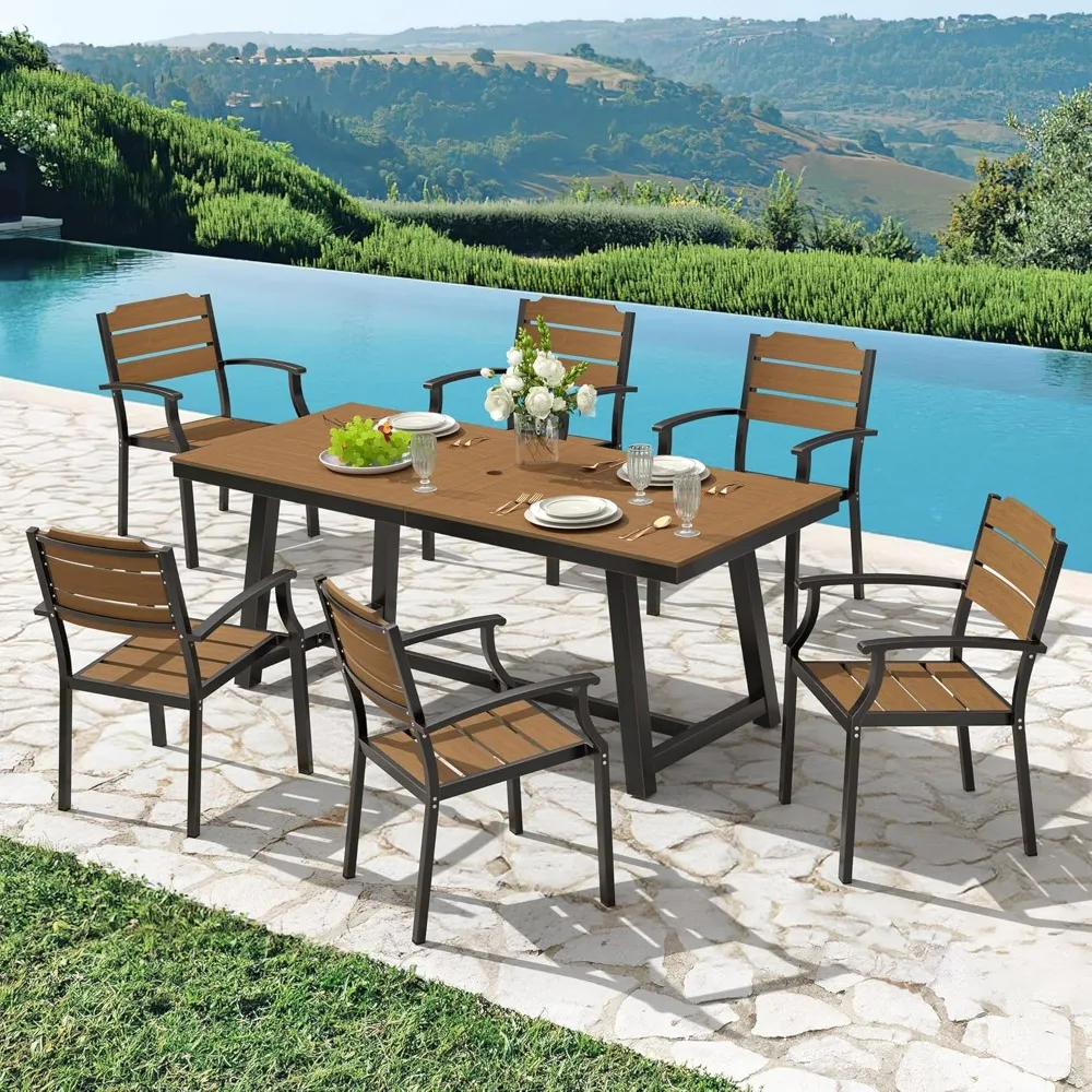

Patio Table and Chairs Set, 7-Piece, HDPS All-Weather Material Outdoor Dining Set, Outdoor Furniture Set with Umbrella Hole